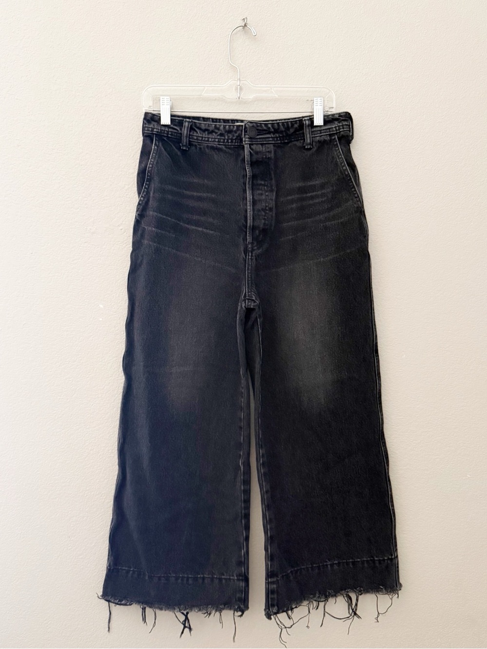 Moussy Vintage Elba Wide Leg Crop Jeans 27 Black Dark Denim Raw Hem Minimalist - Picture 4 of 10